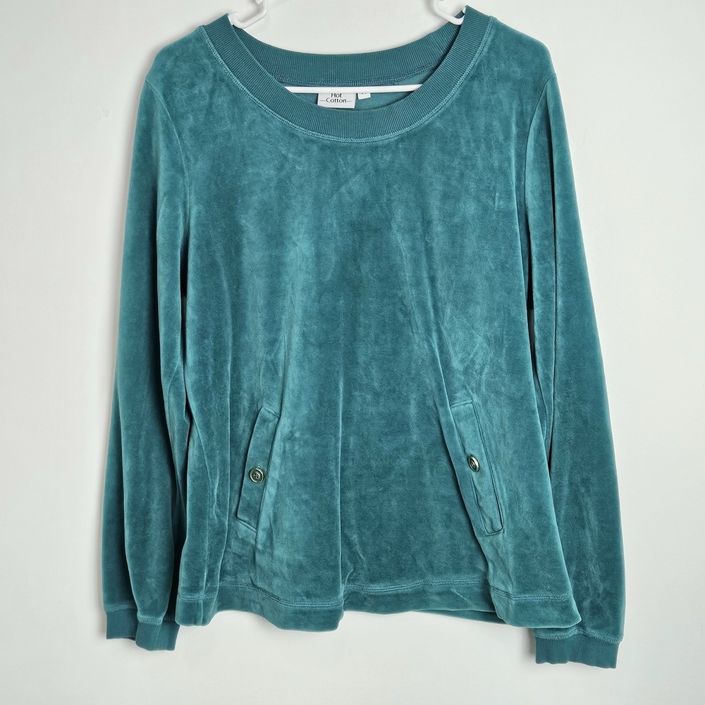 Hot Cotton Women's Sweatshirt Sz M Long Sleeve‎ Pullover Velour Crew Neck Teal